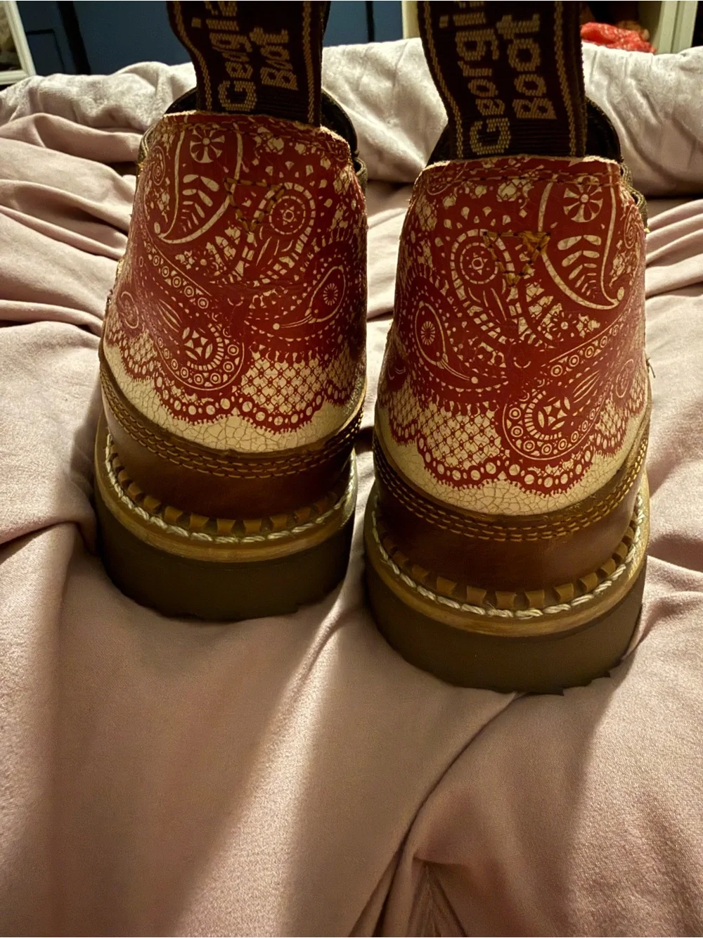 Georgia Boot Brown Leather Slip-On Ankle Booties with Pink Paisley Heel Panels